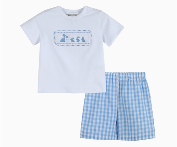 Lil Cactus Bunny Family Smocked Tee and Blue Gingham Shorts Set