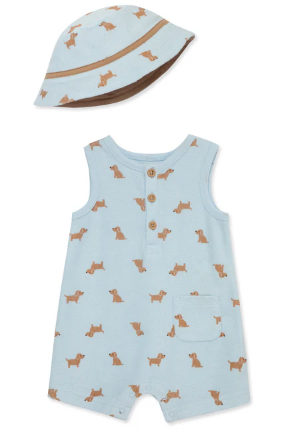 Little Me Puppies Terry Romper and Hat Set