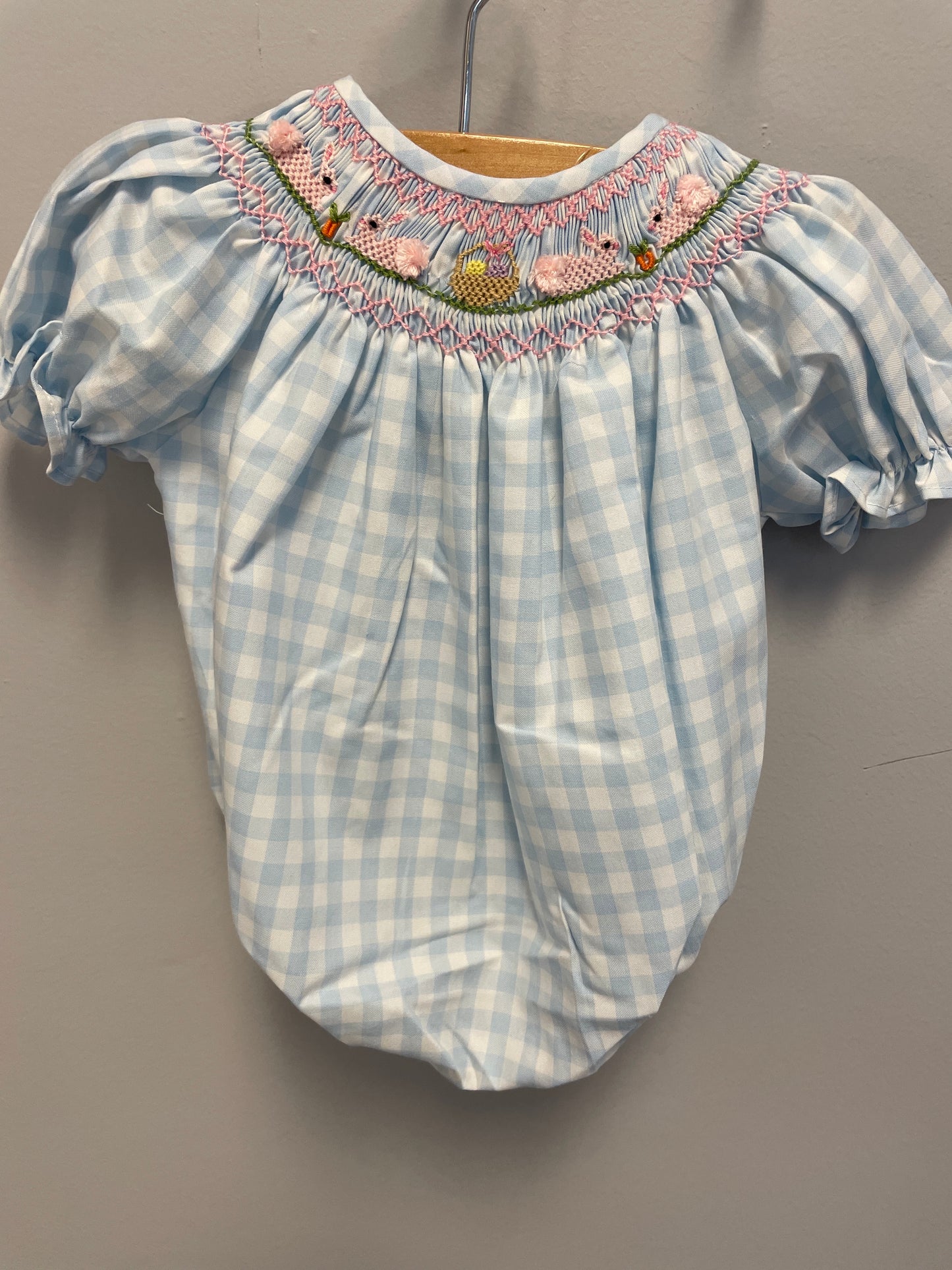 Sweet Dreams Blue Gingham Bunny and Basket Smocked Bubble